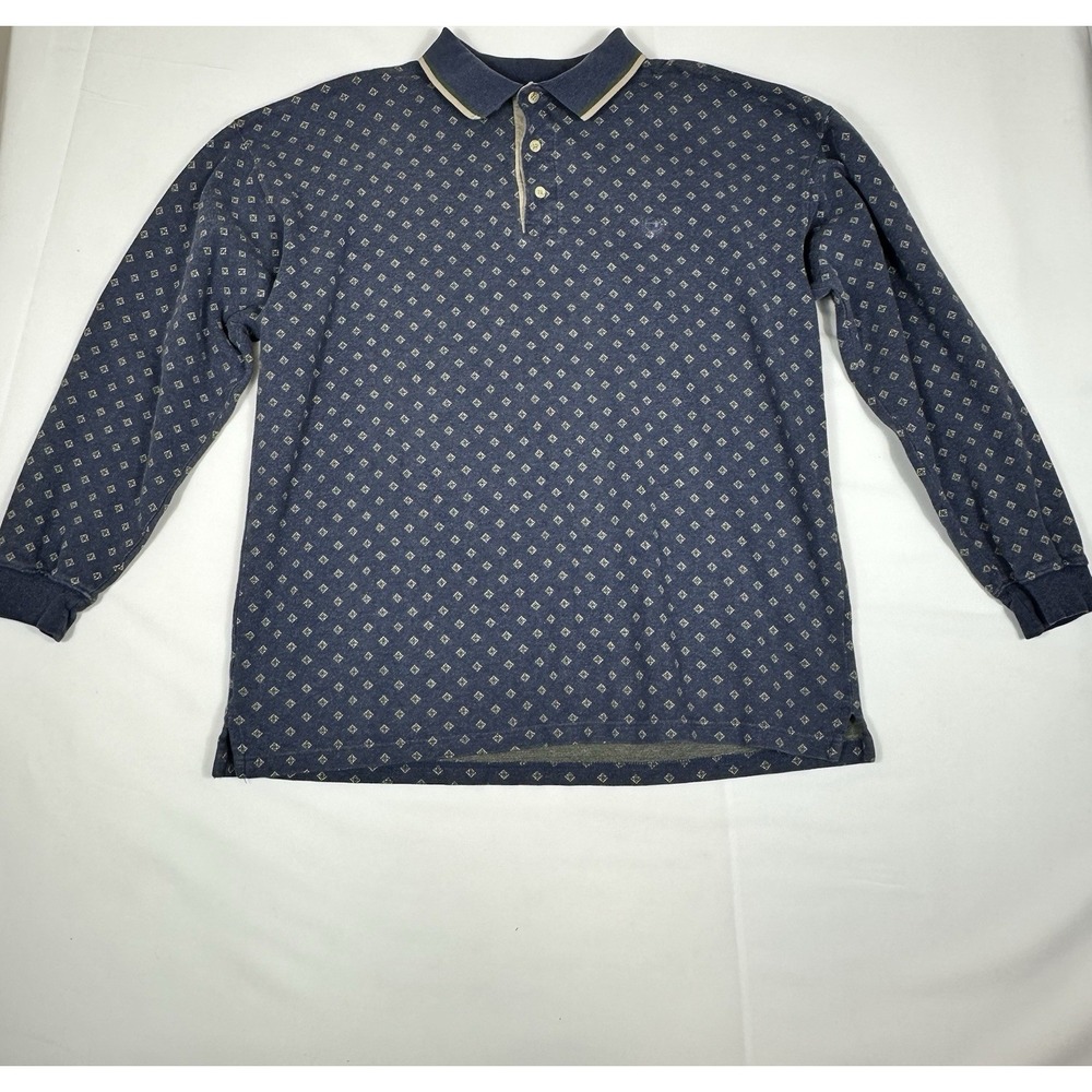 Y2K Duck Head Blue Geometric Diamond Print Long Sleeve‎ Polo Shirt Large Cotton